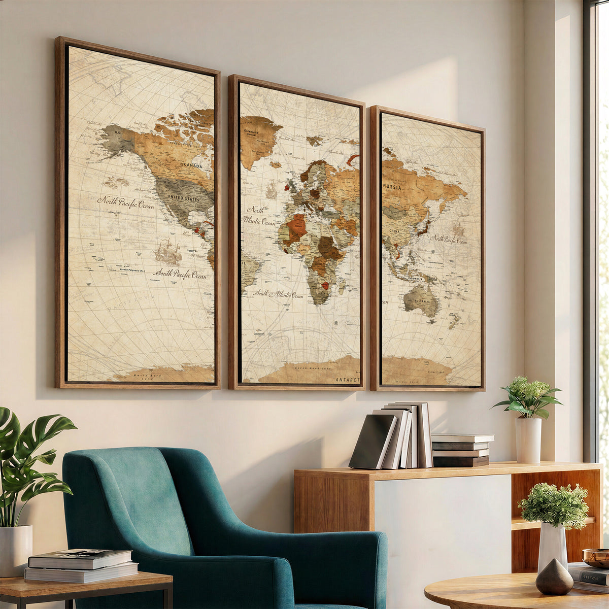29684537-MGV-CV-36X24 - Vintage World Map Canvas Print, Framed Rustic Detailed Map of the World, Explorer Decor