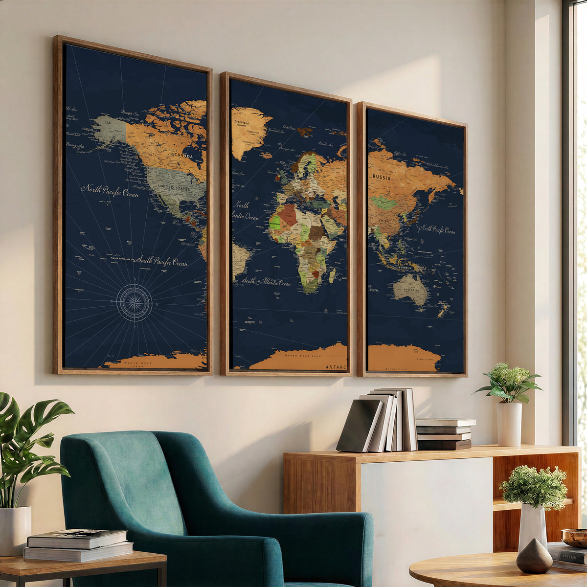 11715182-MGV-CV-36X24 - Modern World Map Canvas Print, Framed Detailed Map of the World Wall Art