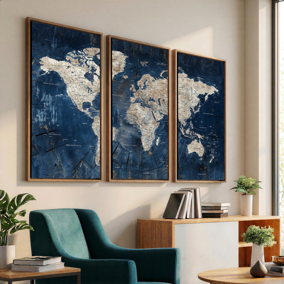 56126010-MGV-CV-36X24 - Large Blue World Map Wall Art Canvas Print for Home Office