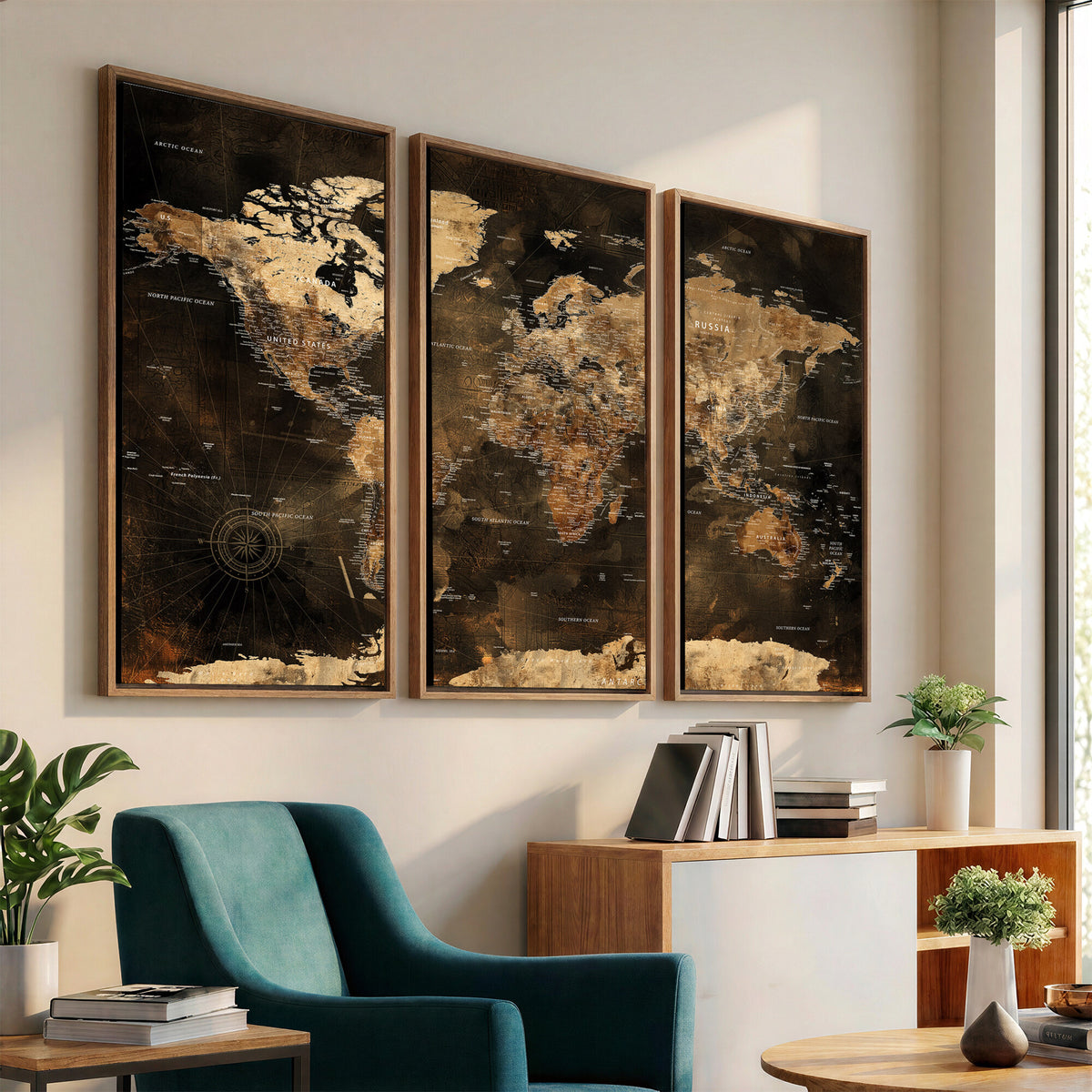 97742922-MGV-CV-36X24 - World Map Canvas Print, Modern Decorative Framed Map Artwork