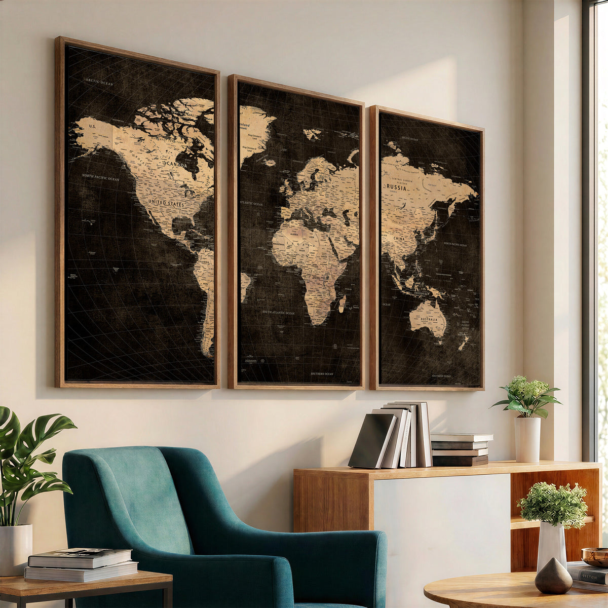 15118265-MGV-CV-36X24 - Brown World Map Canvas Print | Modern Travel Map Wall Art