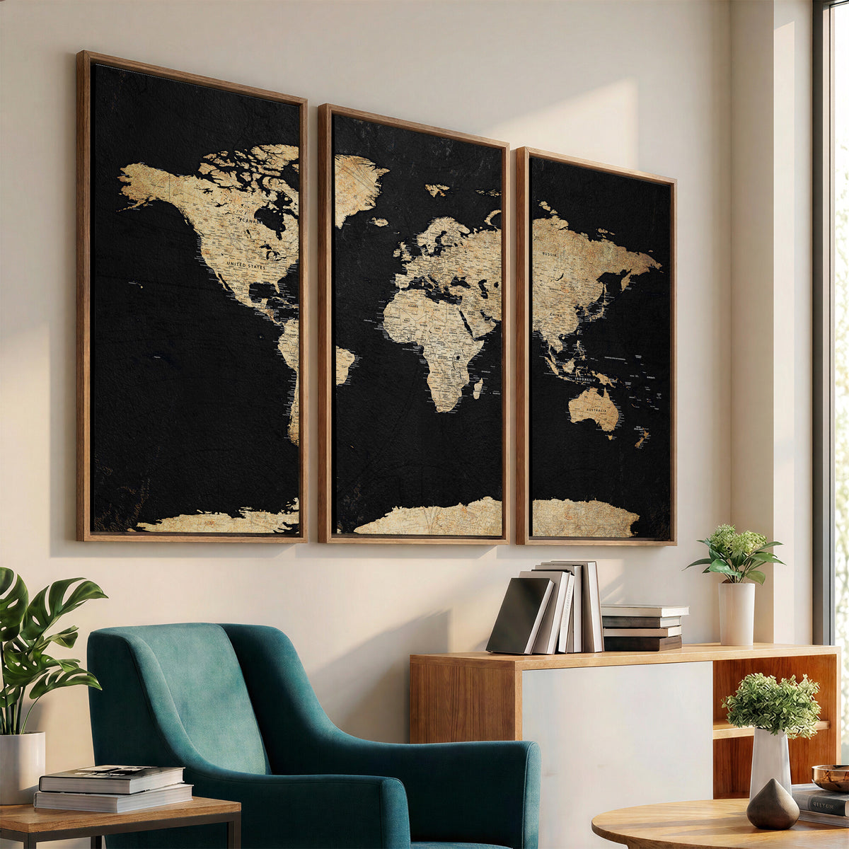 71518849-MGV-CV-36X24 - Beige World Map Canvas Wall Art Print, Minimal Black and
