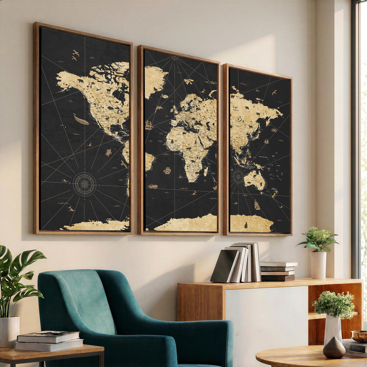 80270976-MGV-CV-36X24 - World Map Wall Art Canvas Print, Modern Decorative Framed Map Artwork Prints for Living Room, Office, Bedroom Wall Decor