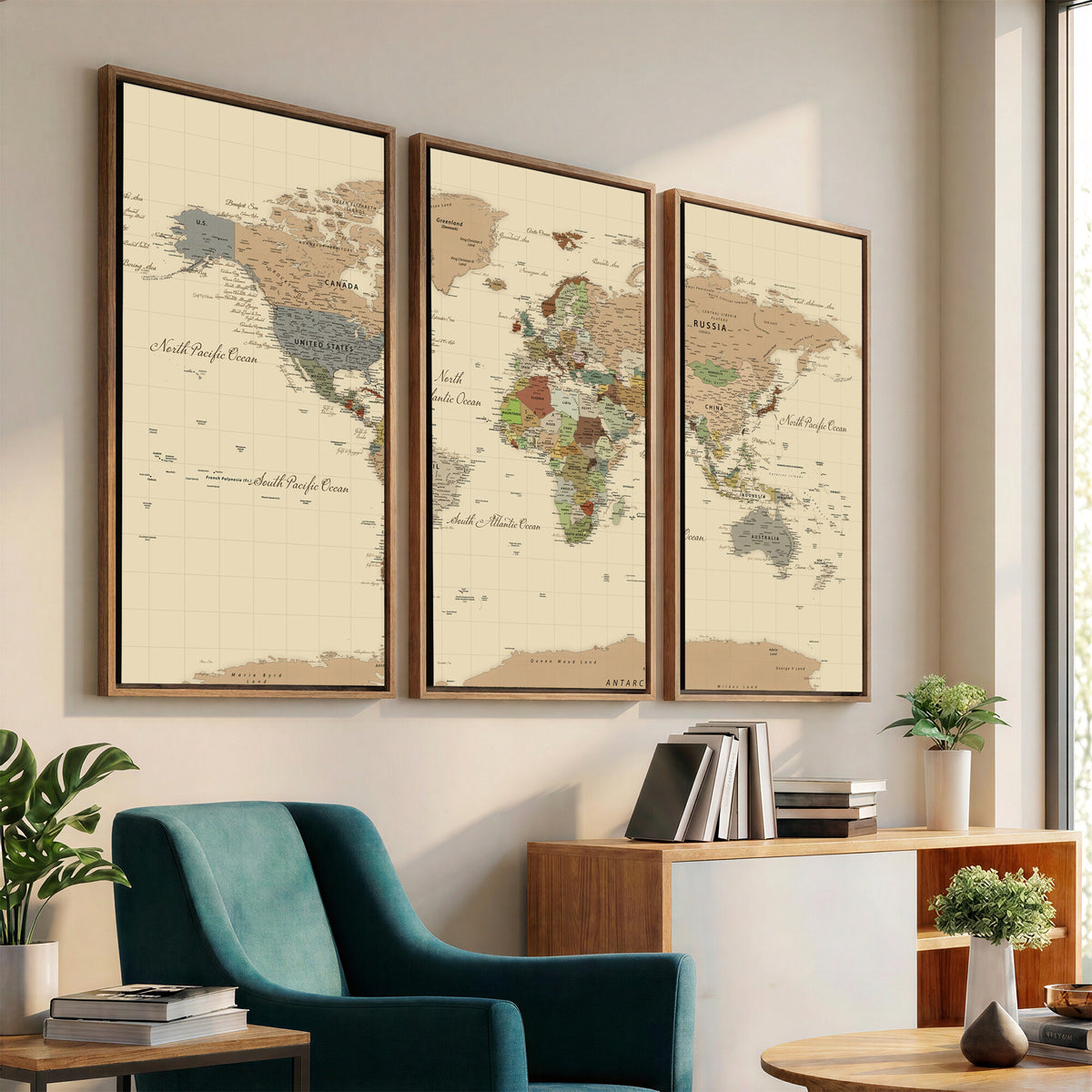 31407854-MGV-CV-36X24 - World Map Wall Art Canvas Print, Modern Decorative Framed Map Artwork Prints for Living Room, Office, Bedroom Wall Decor