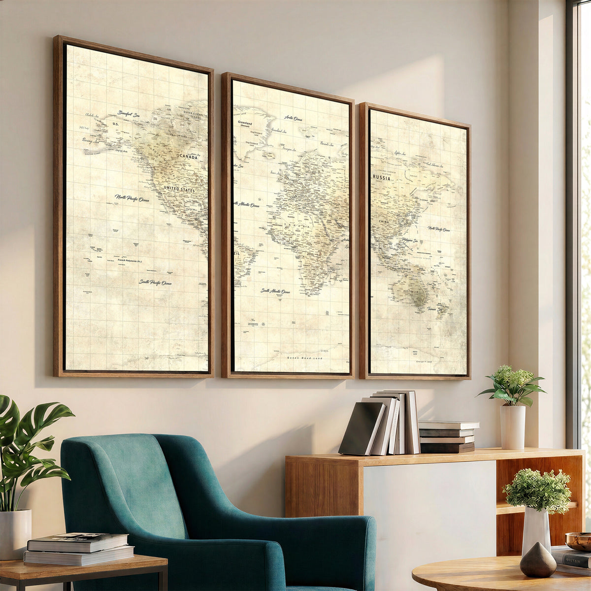 17101439-MGV-CV-36X24 - World Map Wall Art Canvas Print, Modern Decorative Framed Map Artwork Prints for Living Room, Office, Bedroom Wall Decor