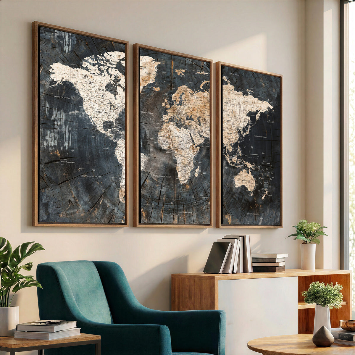 89162112-MGV-CV-36X24 - World Map Wall Art Canvas Print, Modern Decorative Framed Map Artwork Prints for Living Room, Office, Bedroom Wall Decor