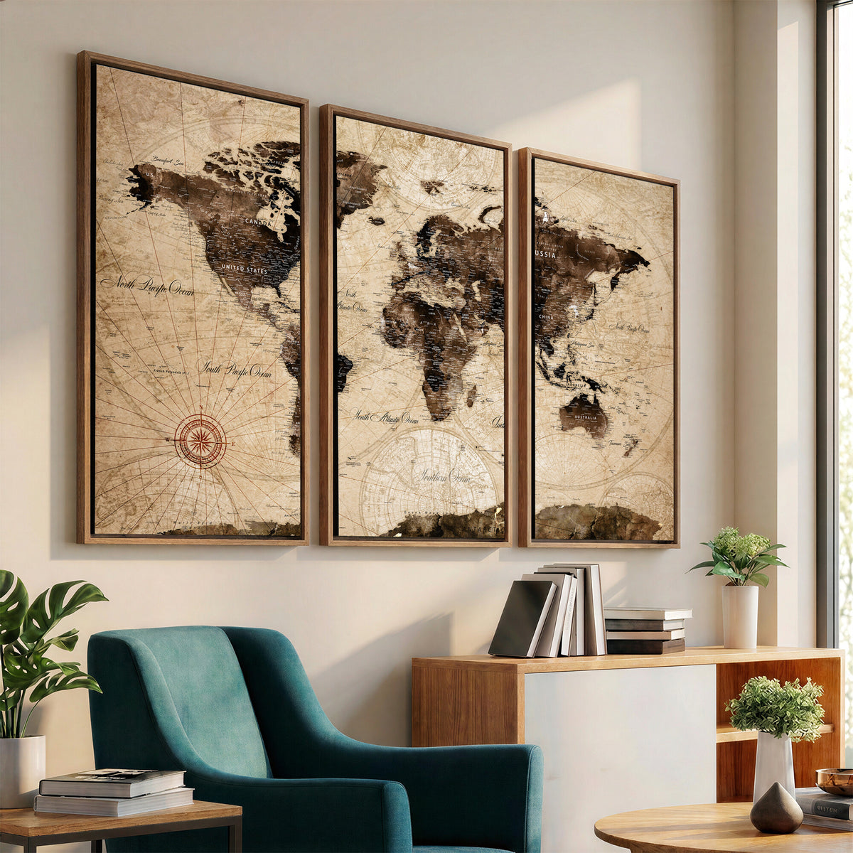 47657418-MGV-CV-36X24 - World Map Wall Art Canvas Print, Modern Decorative Framed Map Artwork Prints for Living Room, Office, Bedroom Wall Decor