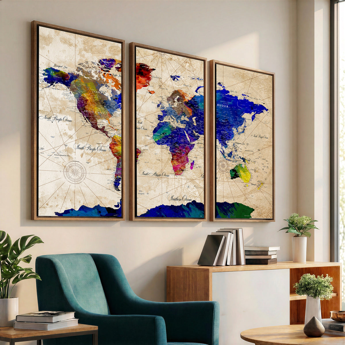 26284075-MGV-CV-36X24 - World Map Wall Art Canvas Print, Modern Decorative Framed Map Artwork Prints for Living Room, Office, Bedroom Wall Decor