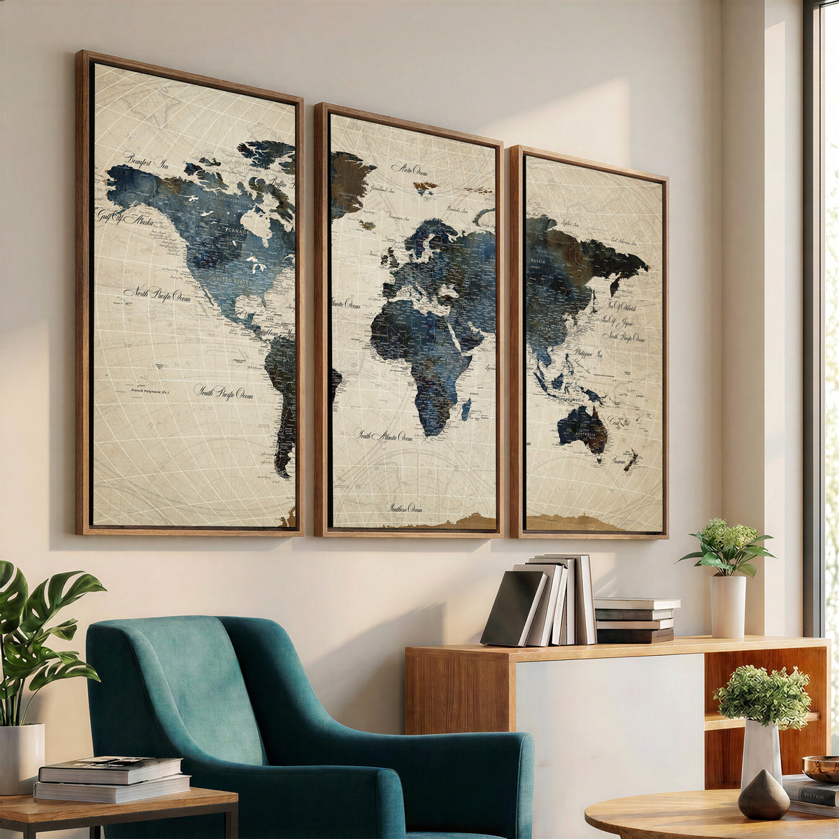 72927803-MGV-CV-36X24 - World Map Wall Art Canvas Print, Modern Decorative Framed Map Artwork Prints for Living Room, Office, Bedroom Wall Decor