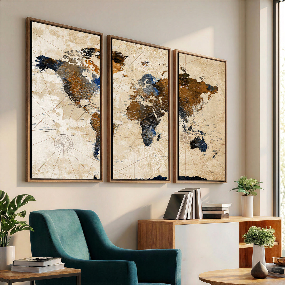 15727090-MGV-CV-36X24 - World Map Wall Art Canvas Print, Modern Decorative Framed Map Artwork Prints for Living Room, Office, Bedroom Wall Decor