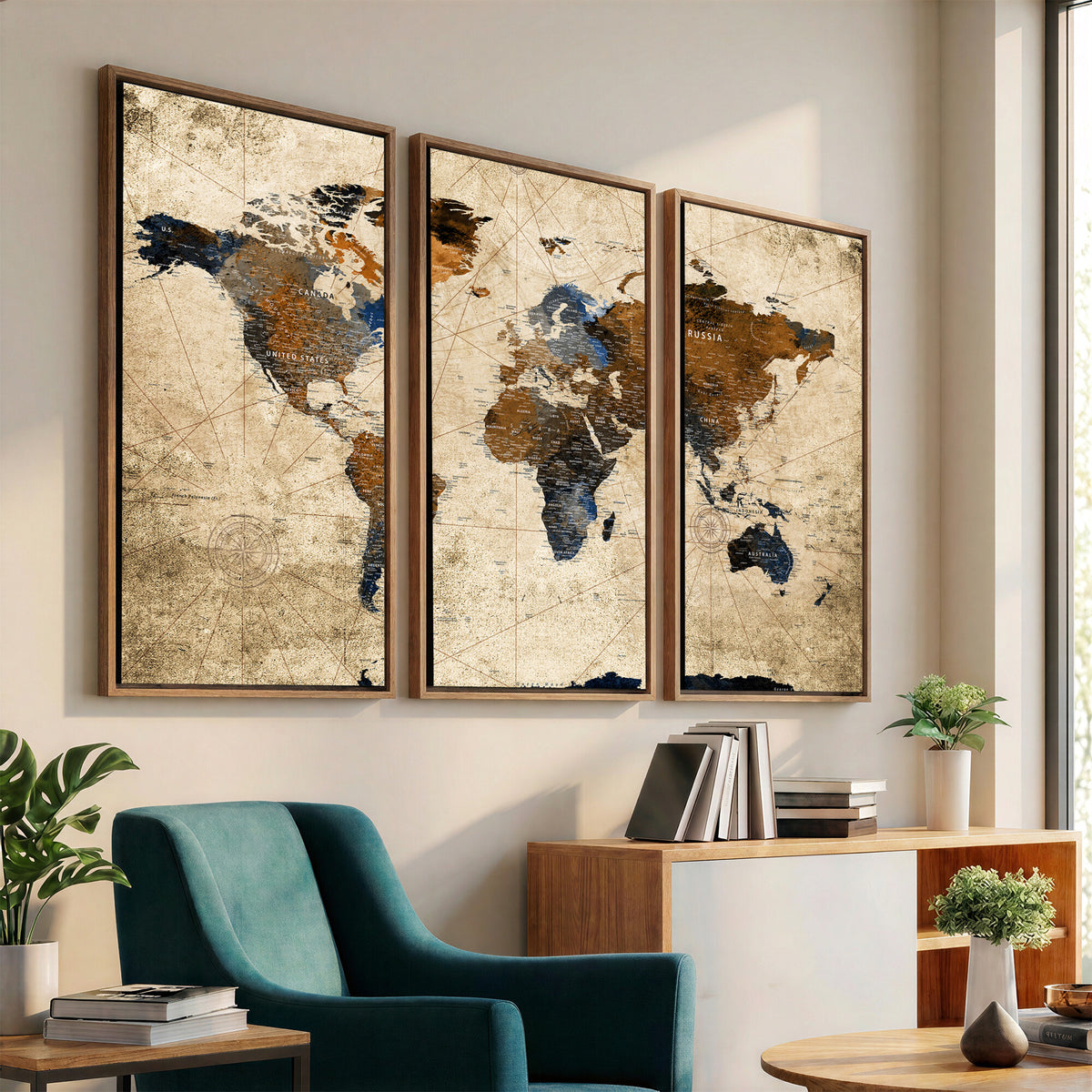 27163414-MGV-CV-36X24 - World Map Wall Art – Rustic Earth Tone Canvas Print, Antique