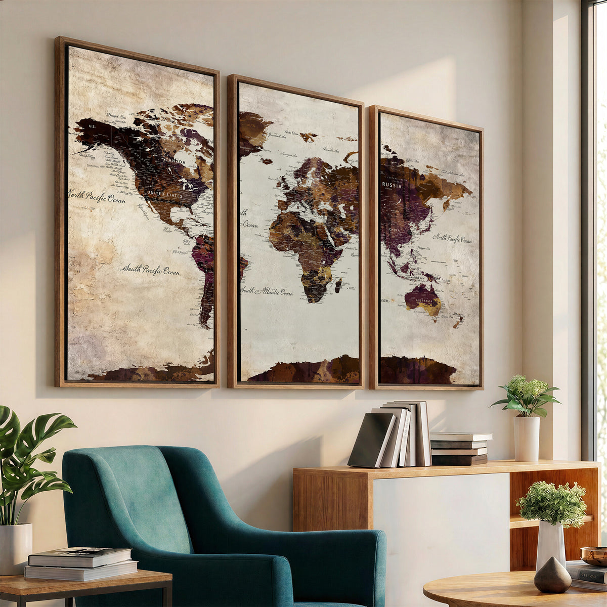 50611123-MGV-CV-36X24 - World Map Canvas Triptych | Colorful Global Wall Art for Living Rooms