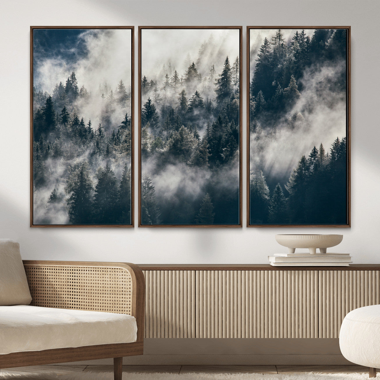 63405824-MGV-CV-36X24 - Foggy Mountain Forest Canvas Print, Misty Pine Trees Nature Wall Art, Framed Canvas Ready to Hang