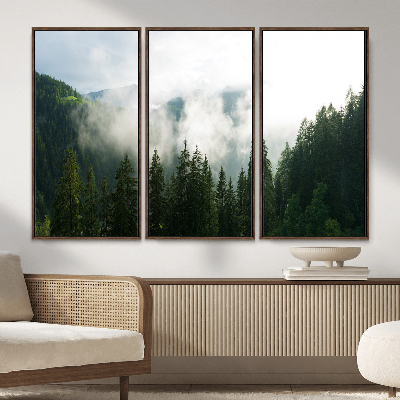 67174129-MGV-CV-36X24 - Misty Mountain Forest Canvas Print, Foggy Pine Trees Nature Wall Art, Framed Canvas Ready to Hang