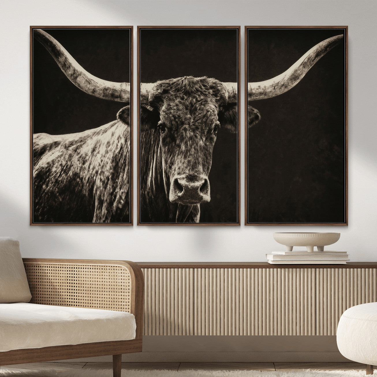 74513721-MGV-CV-36X24 - Vintage Texas Longhorn Bull Wall Art Canvas Print, Cow Portrait Photography Print, Framed Wall Art Ready to Hang