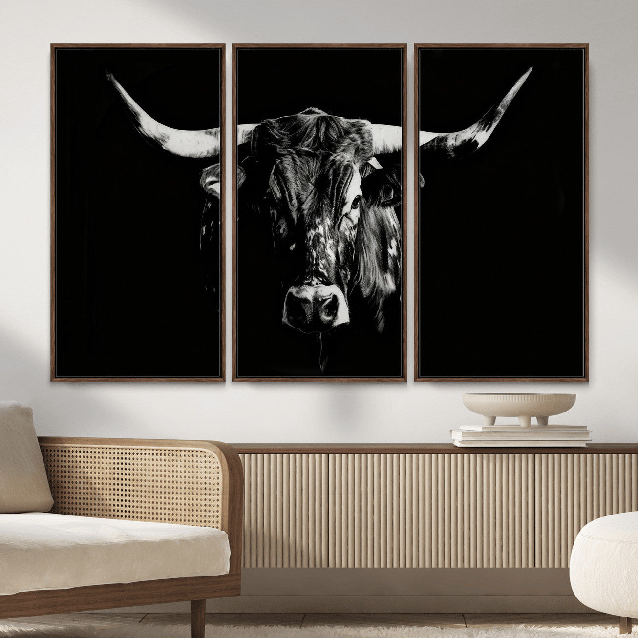 21436434-MGV-CV-36X24 - Black Bull Wall Art Canvas Print, Dark Longhorn Portrait Photography, Framed Wall Art Ready to Hang