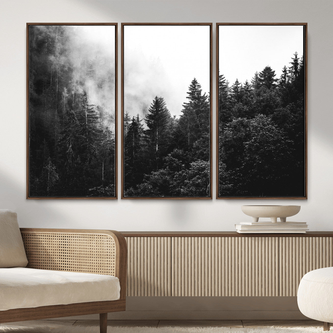 98764151-MGV-CV-36X24 - Black and White Forest Wall Art Canvas Print, Misty Pine Tree Landscape Photography, Framed Wall Art Ready to Hang