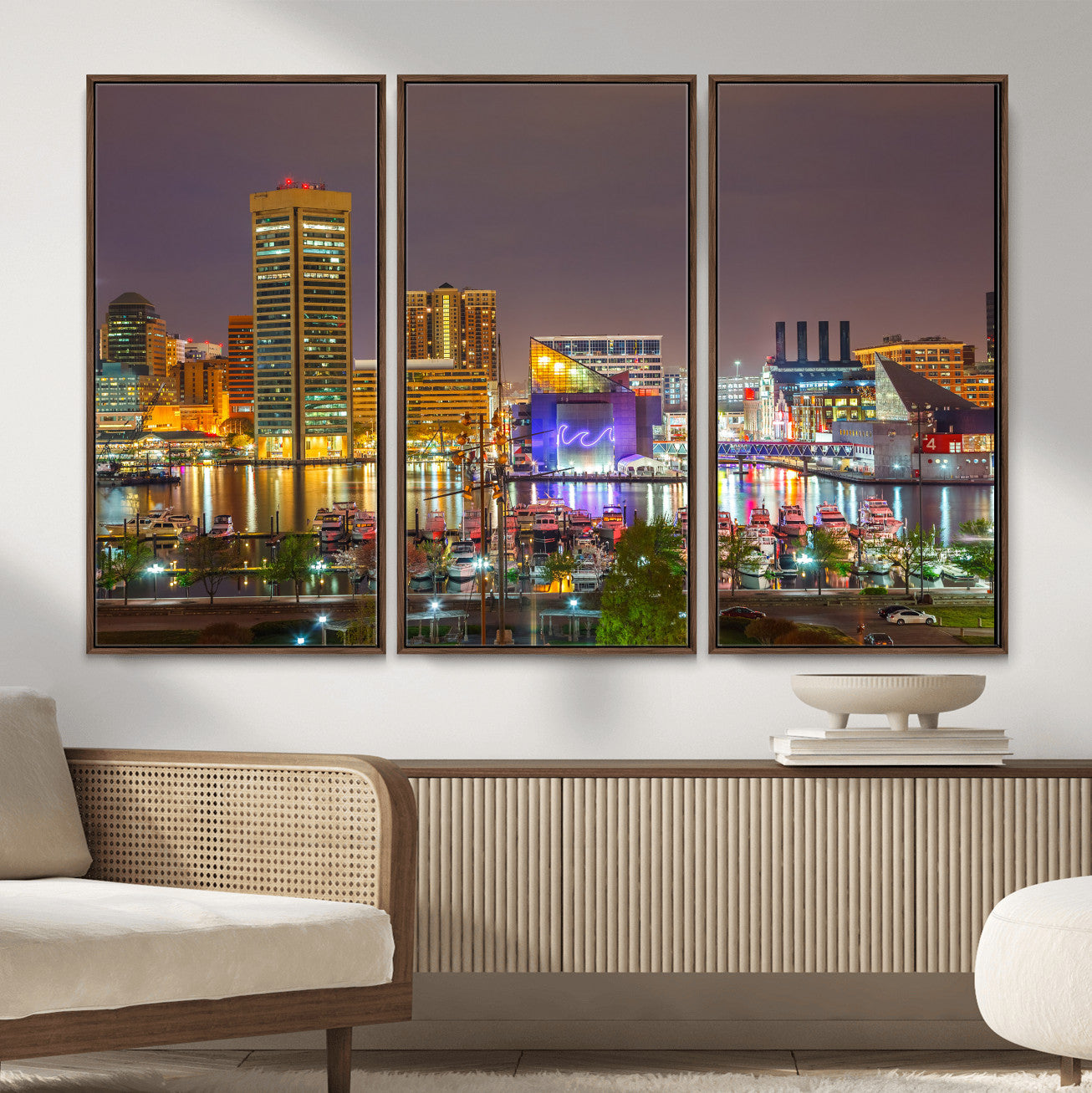 42654823-MGV-CV-36X24 - Baltimore Skyline Wall Art Canvas Print, Baltimore Downtown Night Cityscape Print for Modern Urban Wall Decor