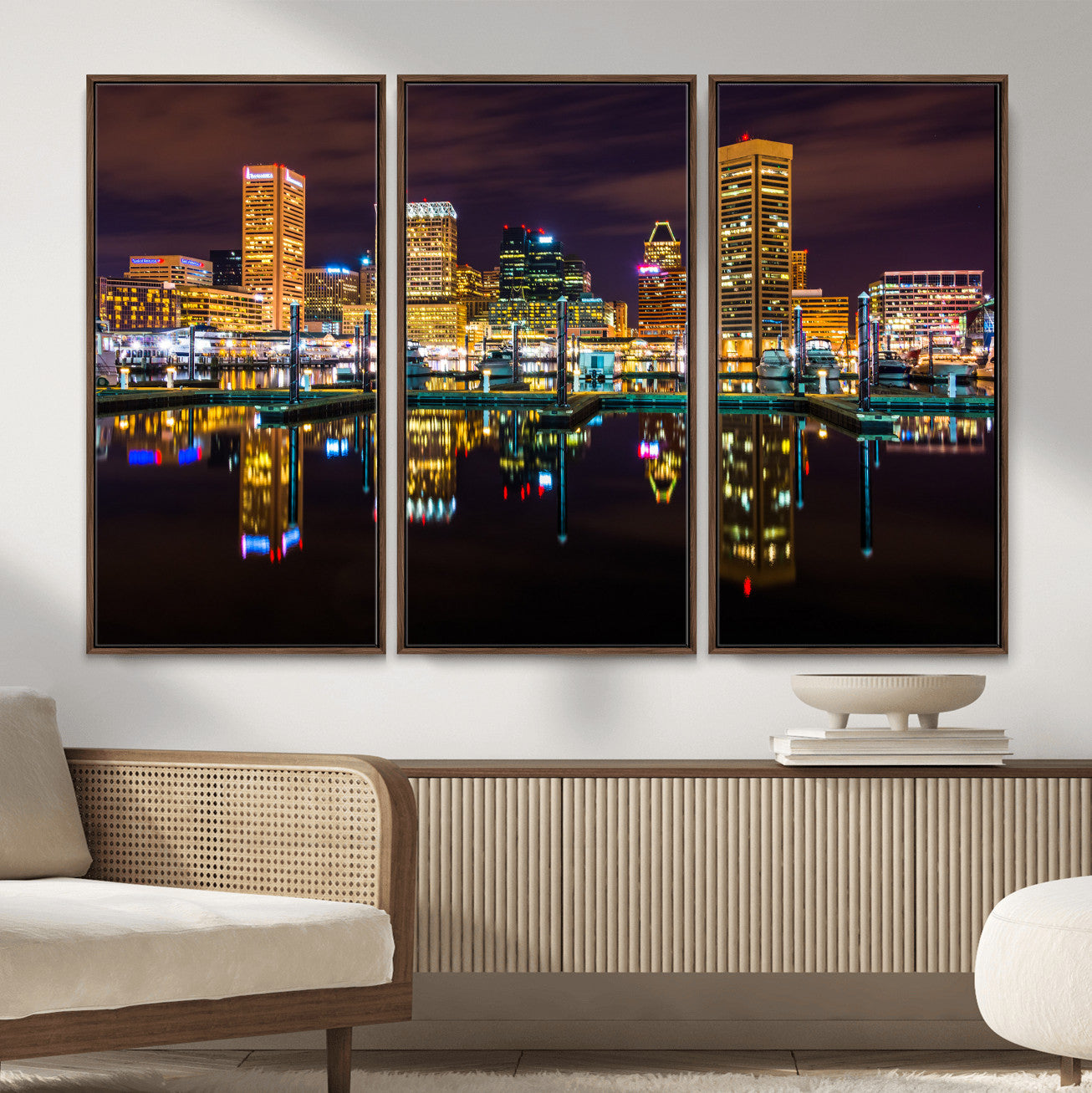 38201692-MGV-CV-36X24 - Baltimore Skyline Wall Art Canvas Print, Baltimore Downtown Night Cityscape Print for Modern Urban Wall Decor