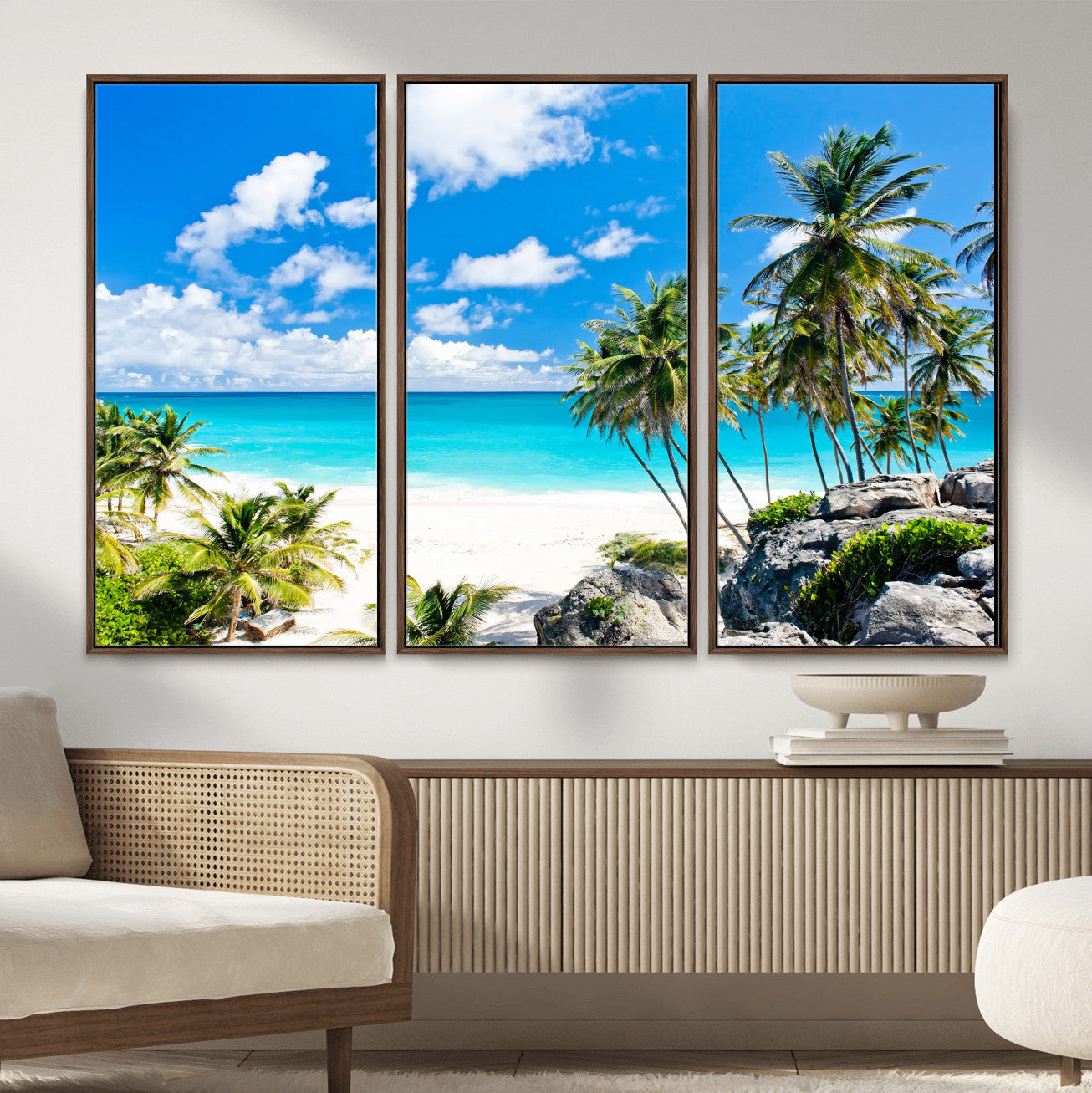 29232878-MGV-CV-36X24 - Barbados Beach Wall Art Canvas Print, Palm Tree Ocean Landscape, Turquoise Sea Coastal Photography, Tropical Island Wall Decor, Framed Ready to Hang
