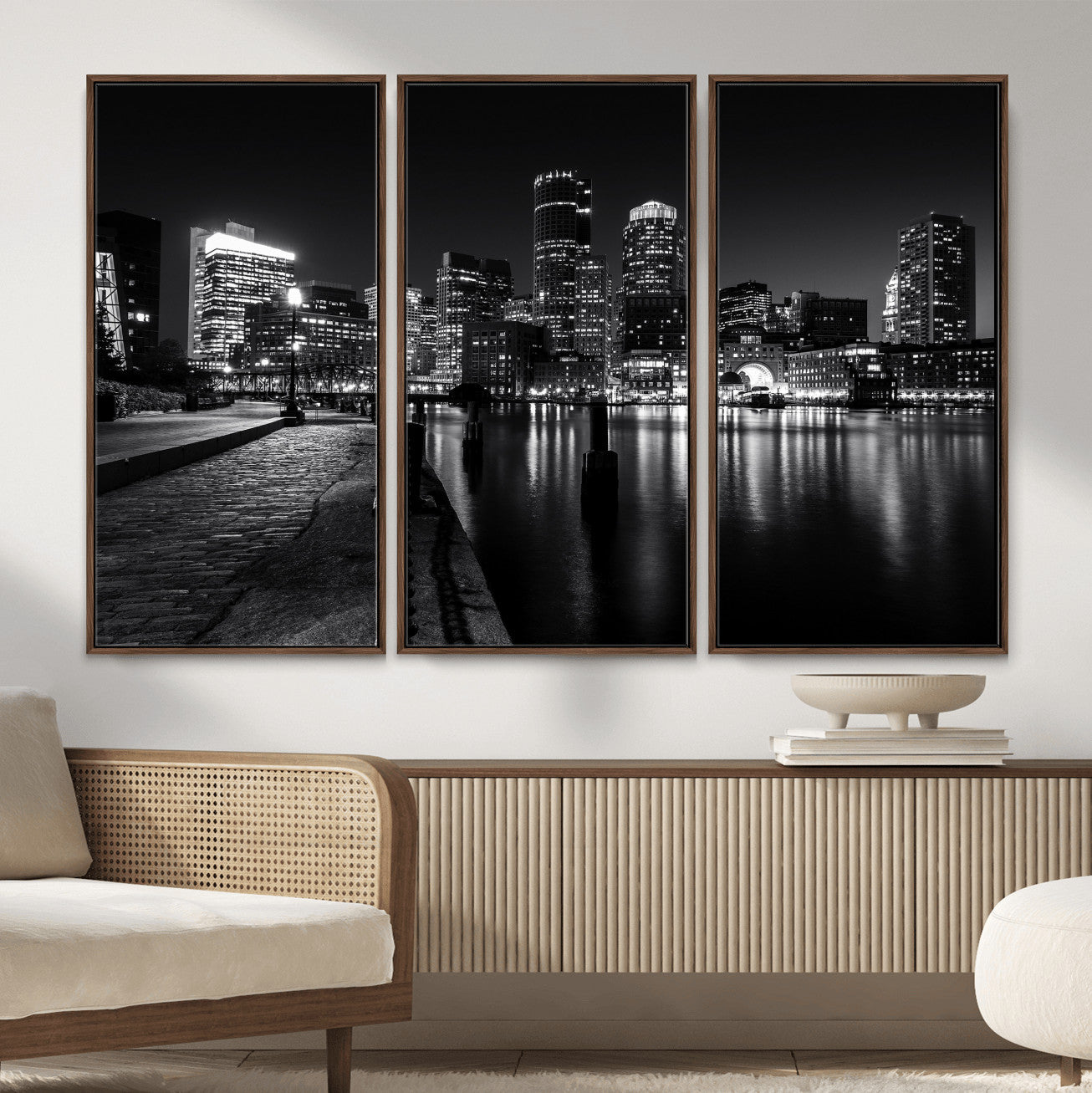 53082656-MGV-CV-36X24 - Boston Wall Art Canvas Print, Boston City Downtown Night Cityscape Print for Modern Urban Wall Decor