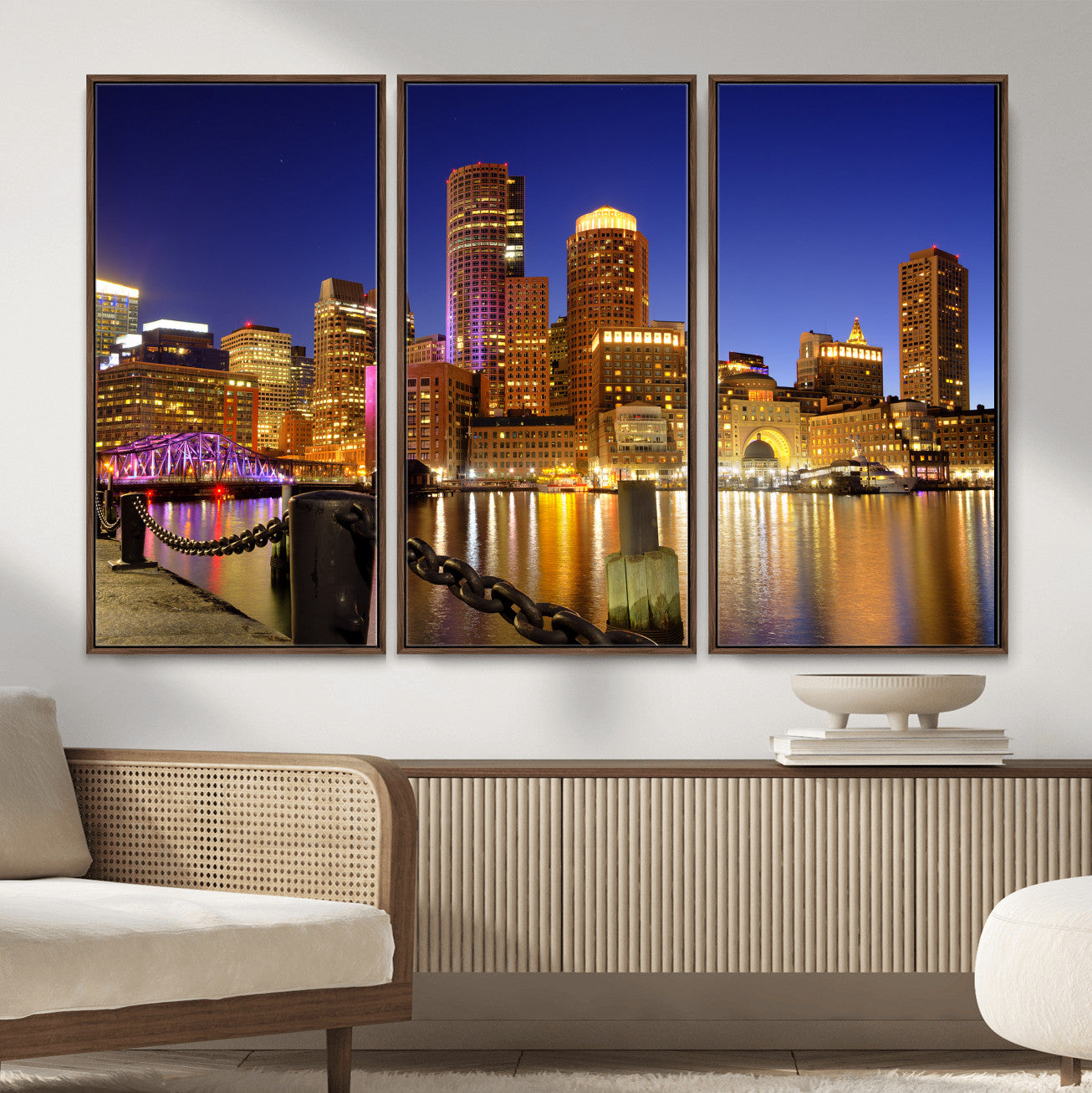 56611117-MGV-CV-36X24 - Boston Wall Art Canvas Print, Boston City Downtown Night Cityscape Print for Modern Urban Wall Decor