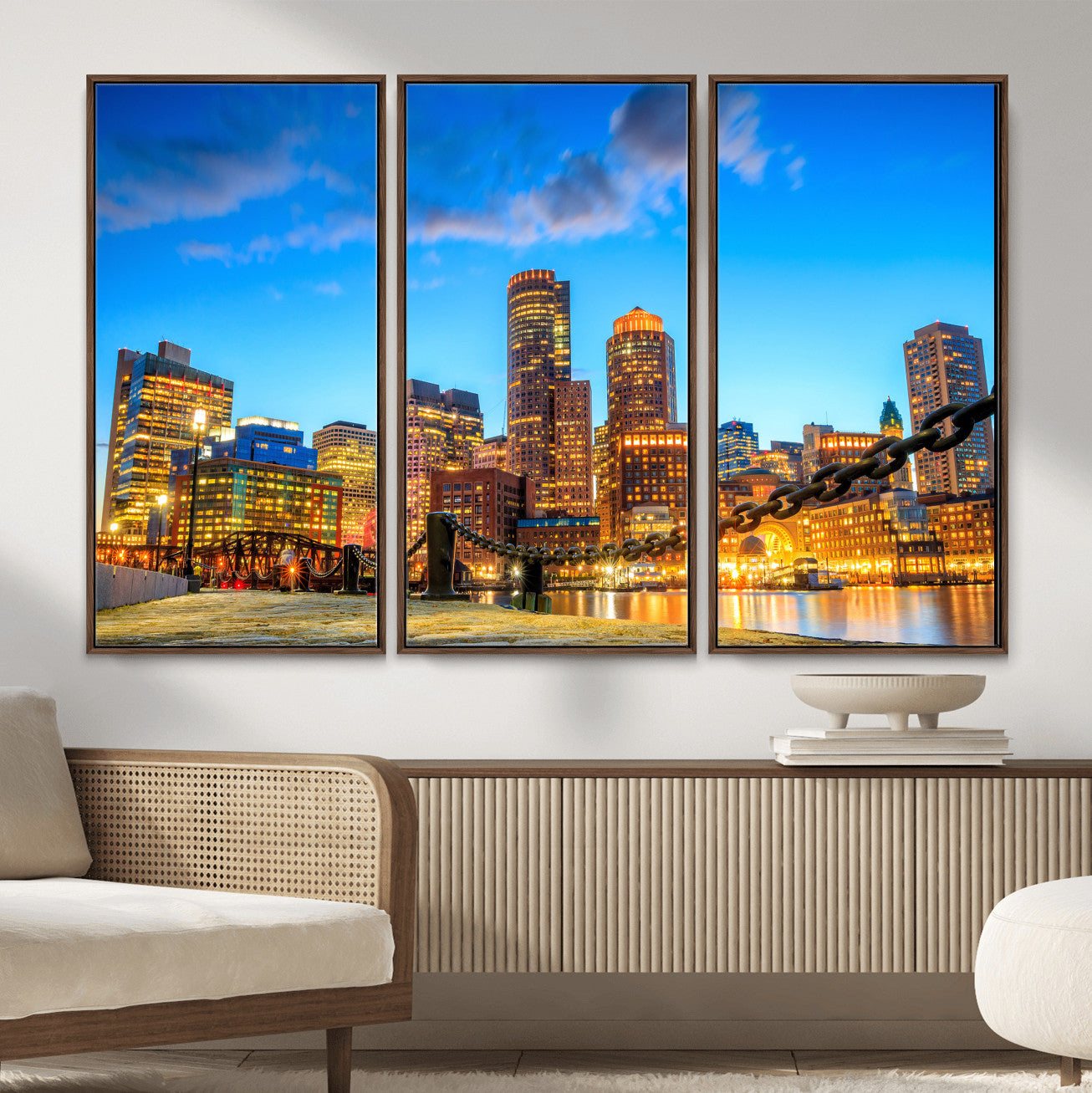 46736409-MGV-CV-36X24 - Boston Wall Art Canvas Print, Boston City Downtown Night Cityscape Print for Modern Urban Wall Decor