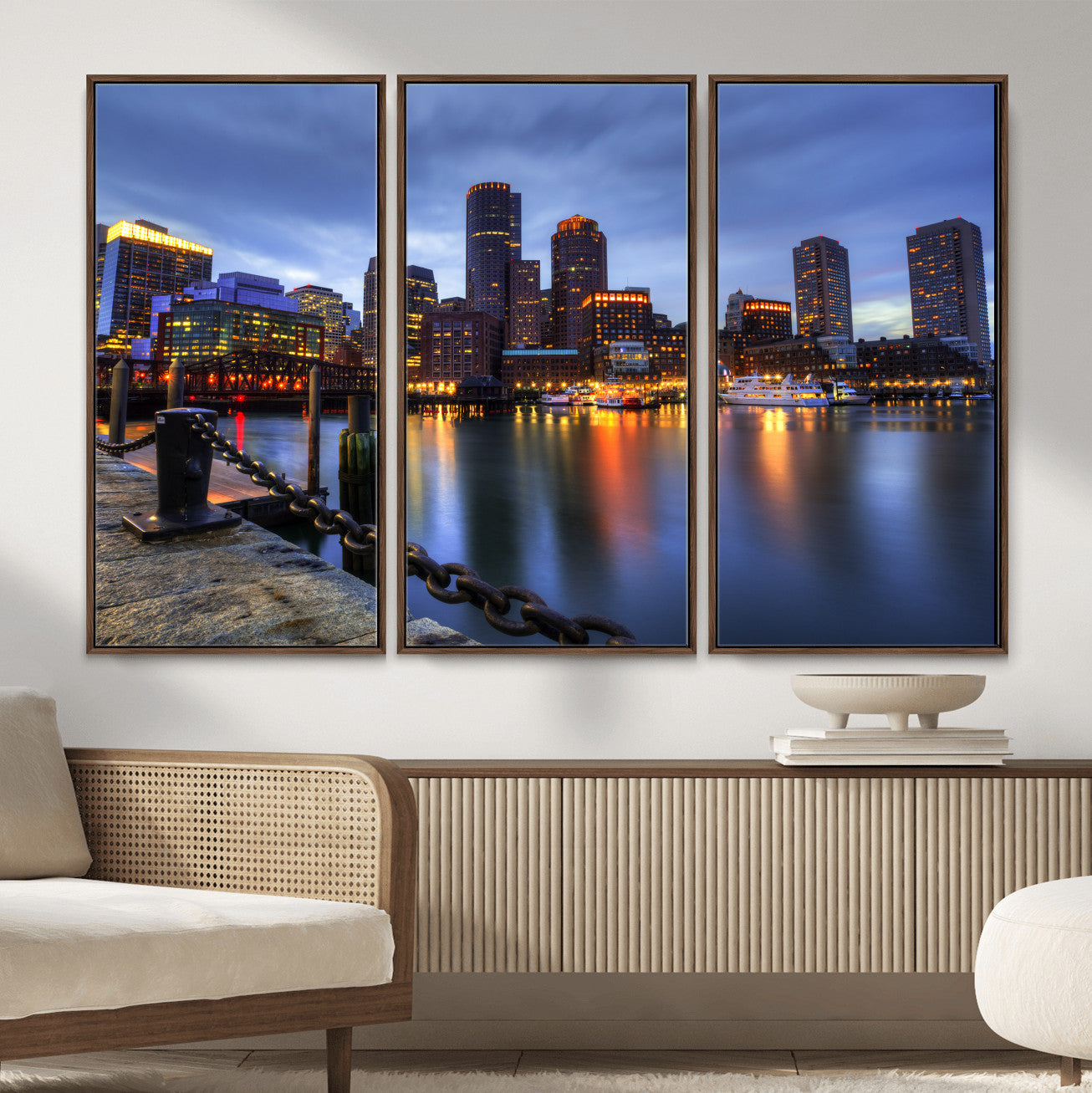 82439622-MGV-CV-36X24 - Boston Wall Art Canvas Print, Boston City Downtown Night Cityscape Print for Modern Urban Wall Decor