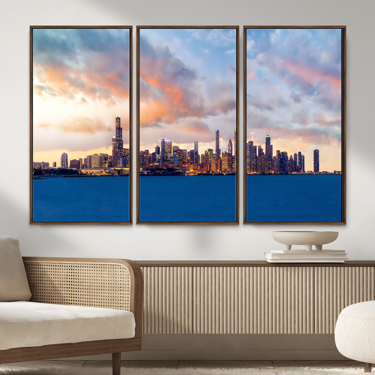 34667960-MGV-CV-36X24 - Chicago Wall Art Canvas Print, Chicago City Downtown Night Cityscape Print for Modern Urban Wall Decor