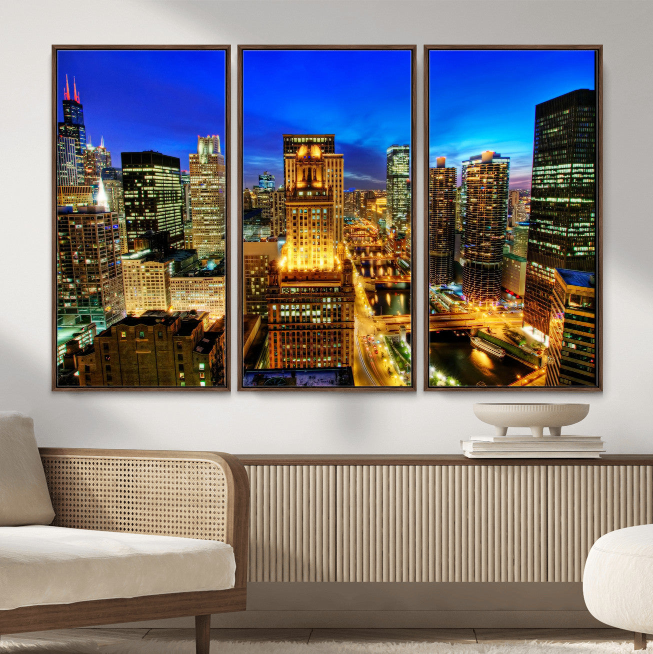 46298885-MGV-CV-36X24 - Chicago Wall Art Canvas Print, Chicago City Downtown Night Cityscape Print for Modern Urban Wall Decor