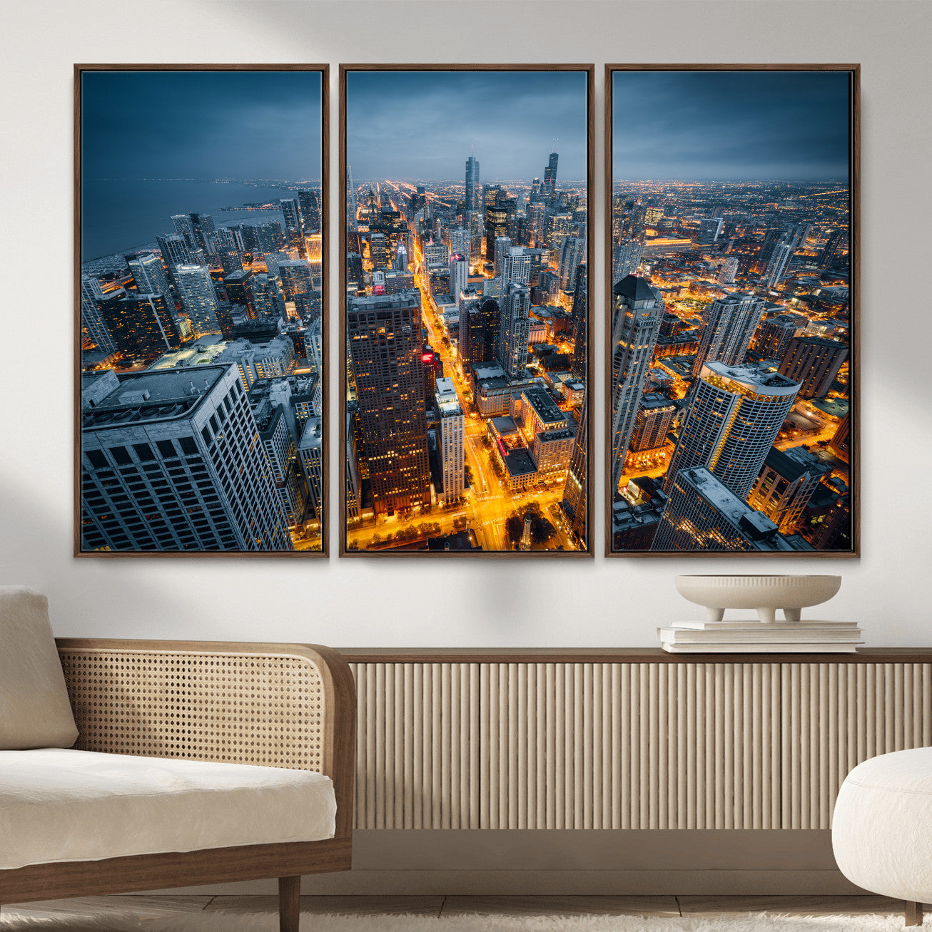 81742538-MGV-CV-36X24 - Chicago Wall Art Canvas Print, Chicago City Downtown Night Cityscape Print for Modern Urban Wall Decor