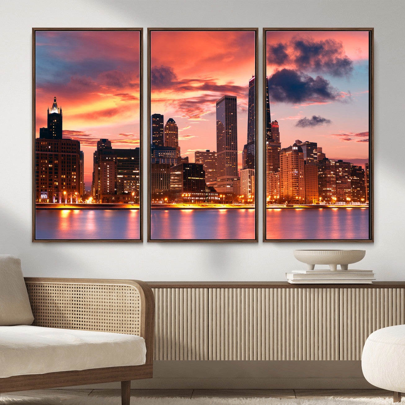 80390109-MGV-CV-36X24 - Chicago Wall Art Canvas Print, Chicago City Downtown Night Cityscape Print for Modern Urban Wall Decor