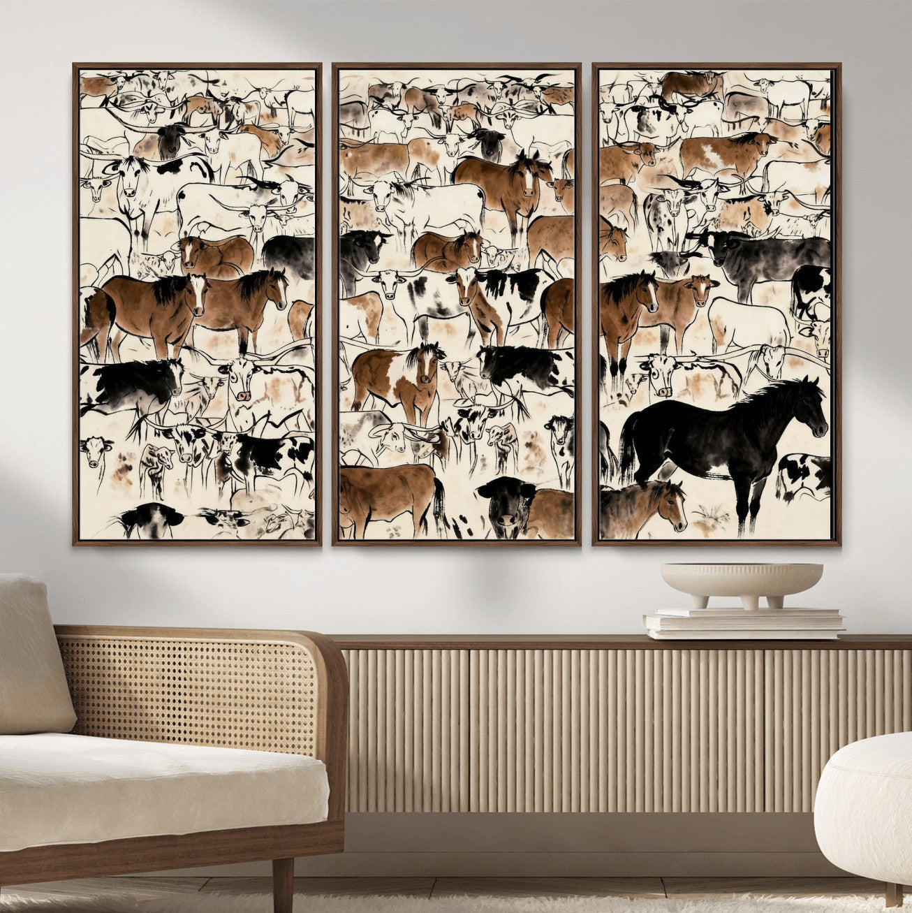86150485-MGV-CV-36X24 - Farmhouse Animals Wall Art Canvas Print - Abstract Farm Animal Drawing Mid-Century Wall Art for Cabin Decor