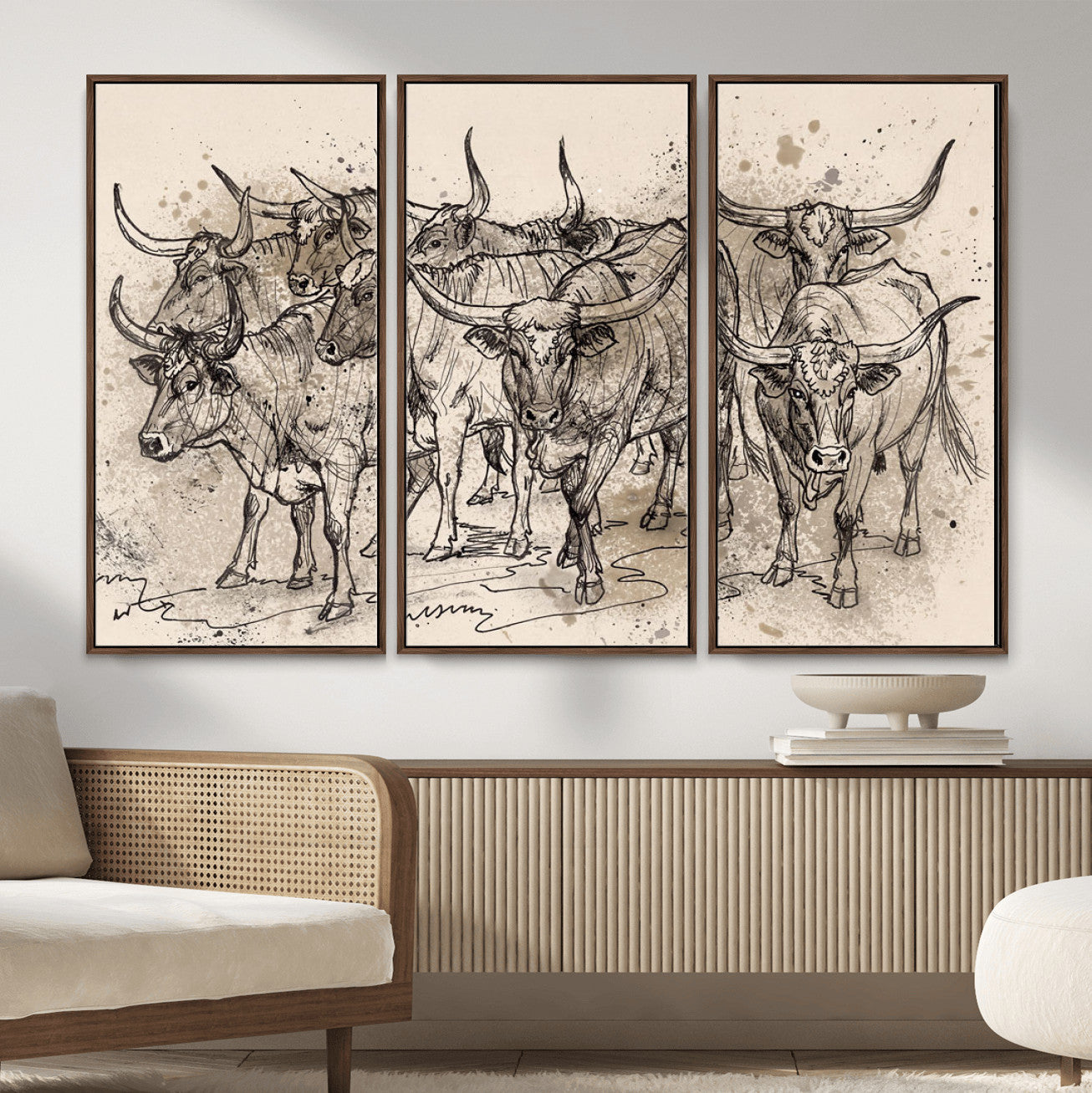74232558-MGV-CV-36X24 - Farmhouse Animals Wall Art Canvas Print - Abstract Farm Animal Drawing Mid-Century Wall Art for Cabin Decor
