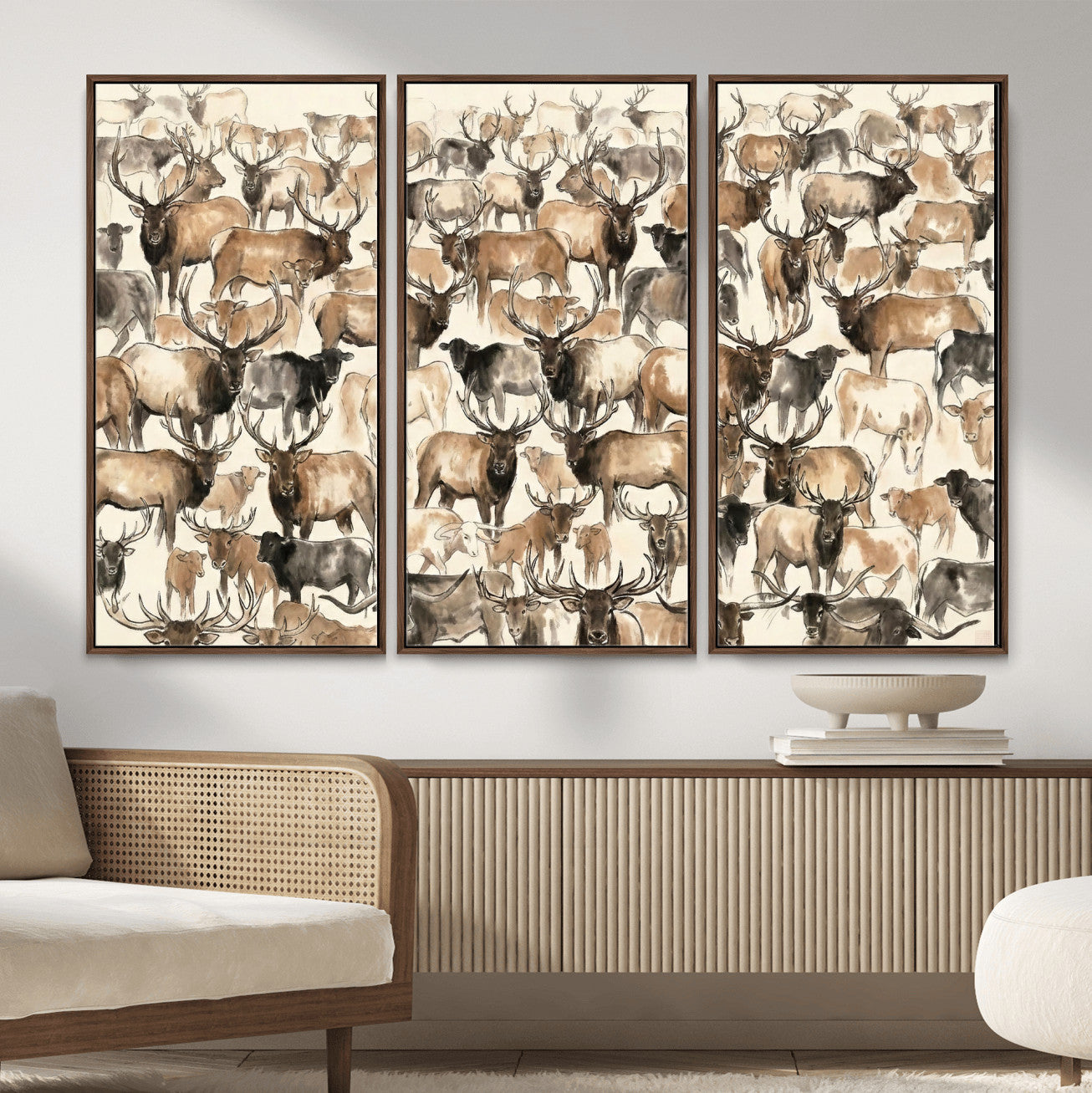 24374881-MGV-CV-36X24 - Farmhouse Animals Wall Art Canvas Print - Abstract Farm Animal Drawing Mid-Century Wall Art for Cabin Decor