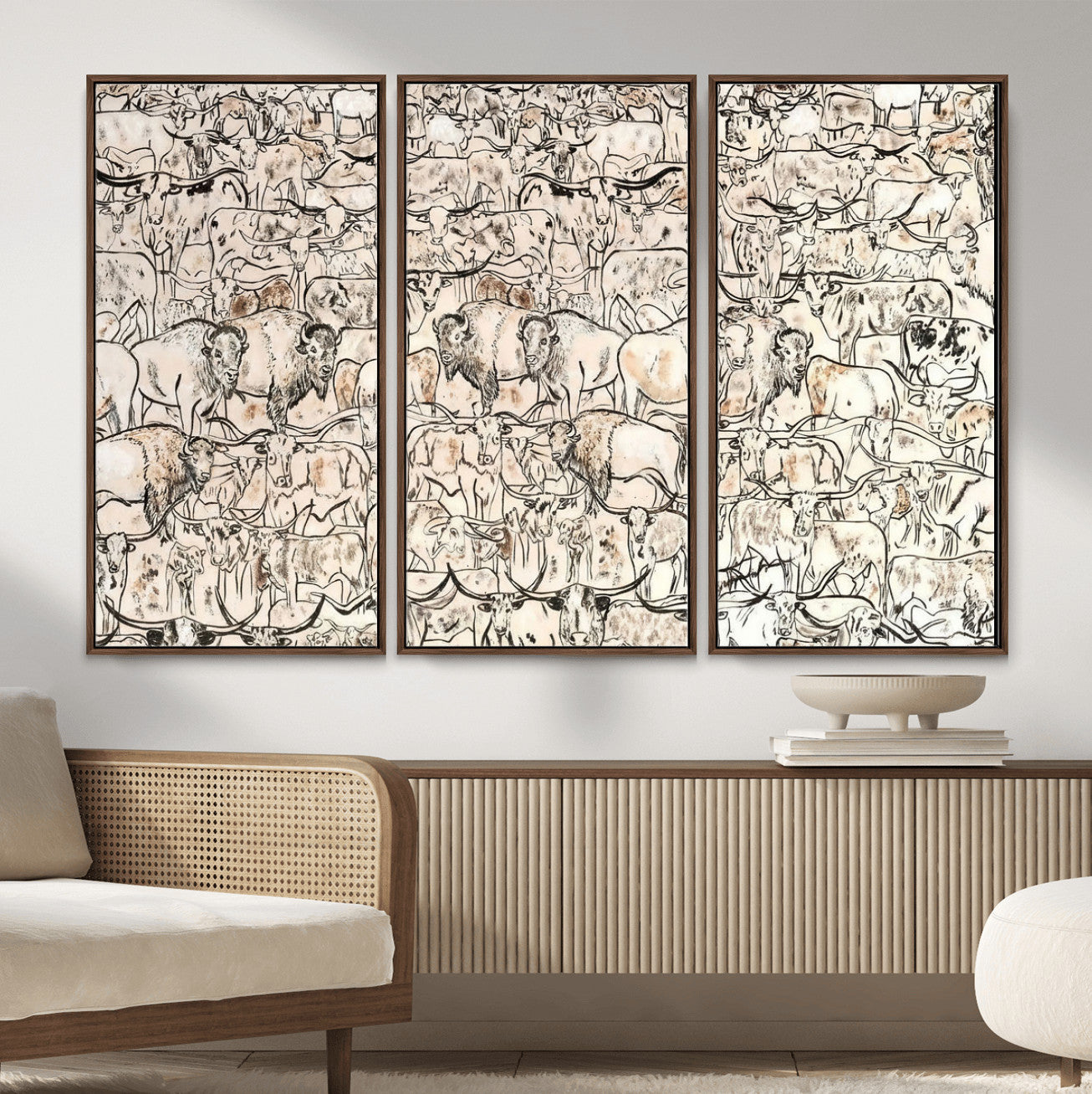 36925875-MGV-CV-36X24 - Farmhouse Animals Wall Art Canvas Print - Abstract Farm Animal Drawing Mid-Century Wall Art for Cabin Decor