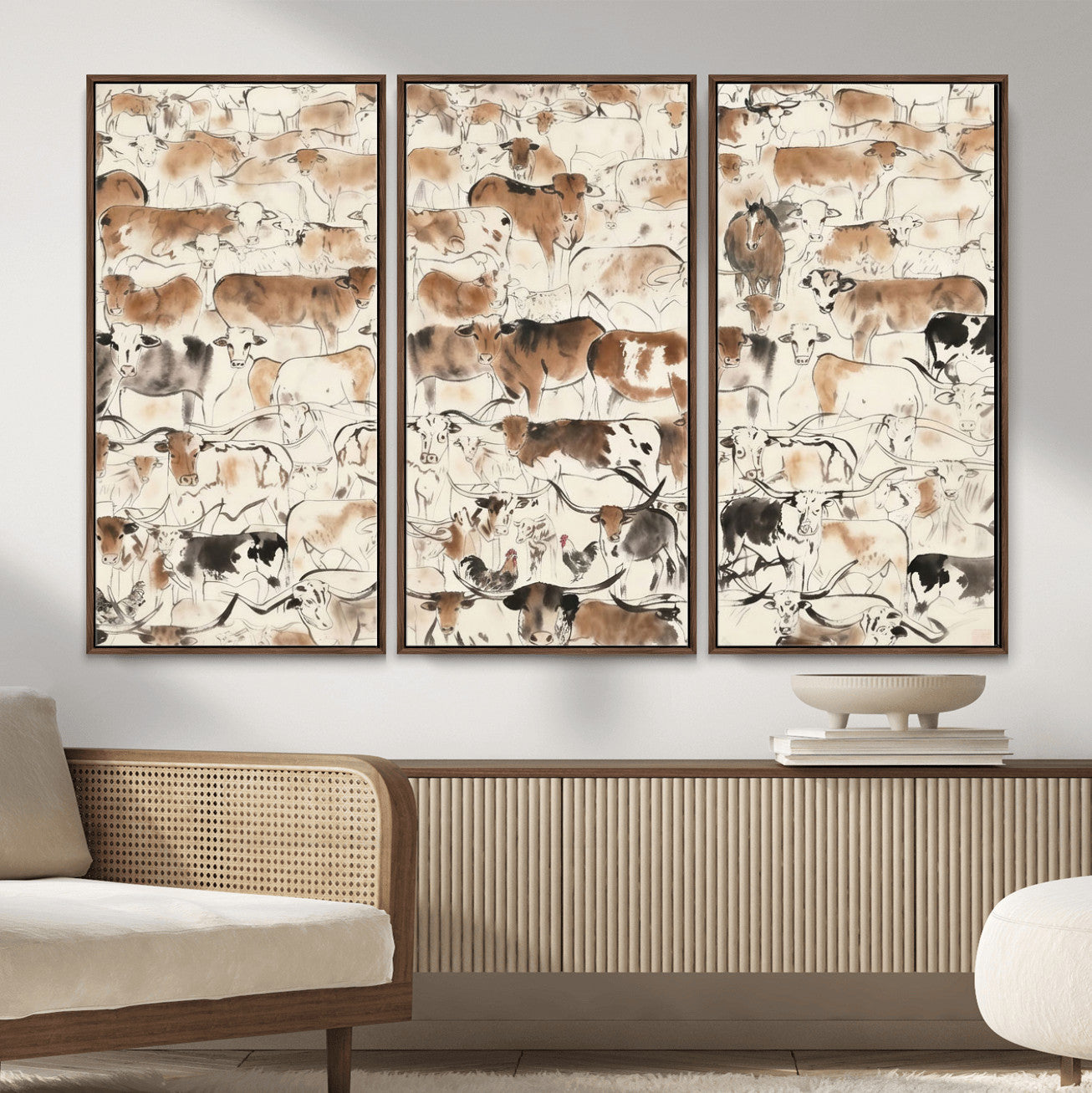 69961368-MGV-CV-36X24 - Farmhouse Animals Wall Art Canvas Print - Abstract Farm Animal Drawing Mid-Century Wall Art for Cabin Decor