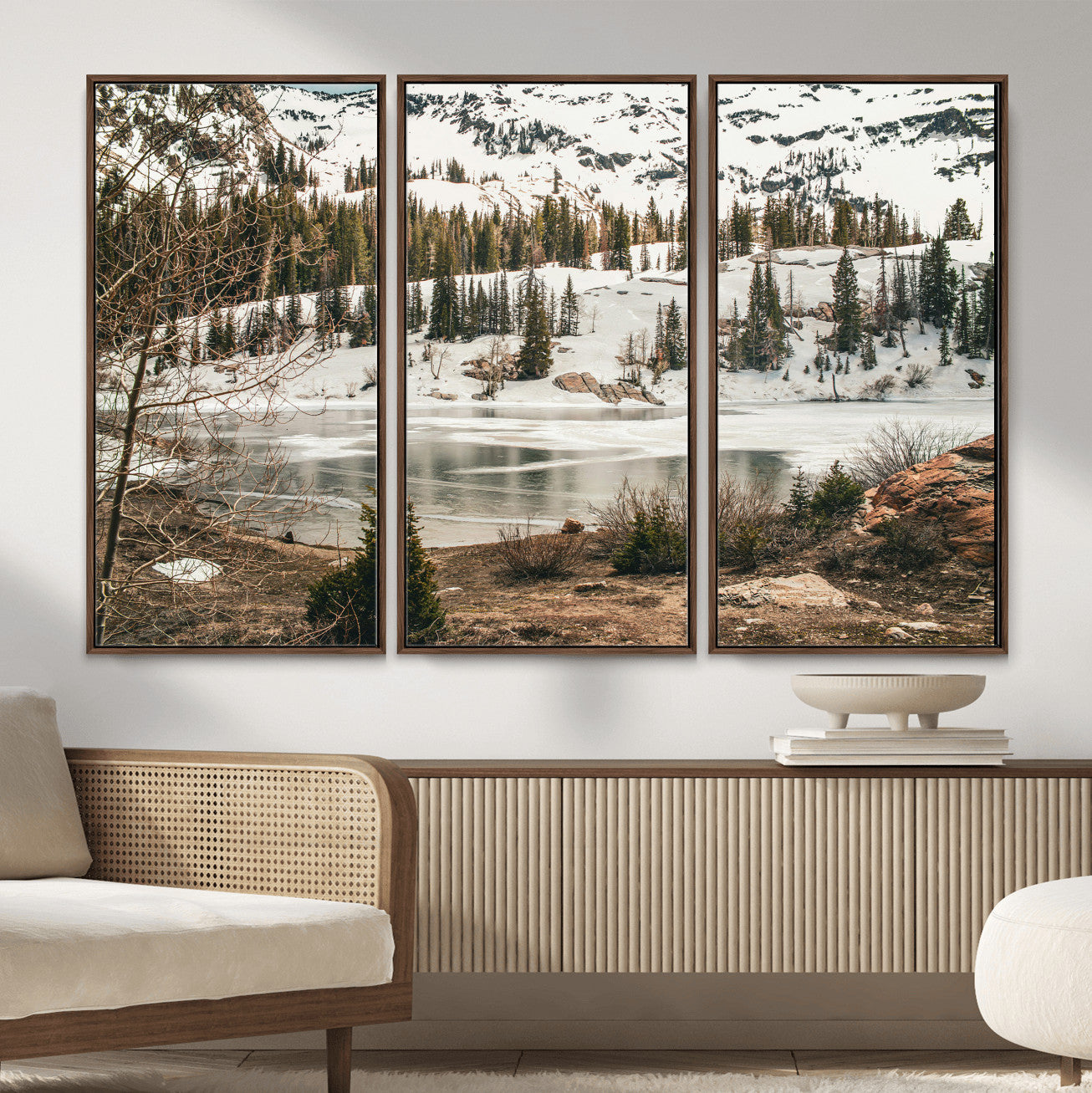 10336249-MGV-CV-36X24 - Snowy Mountain Landscape Wall Art Canvas Print, Alpine Pine Forest Winter Nature Wall Decor for Living Room and Office