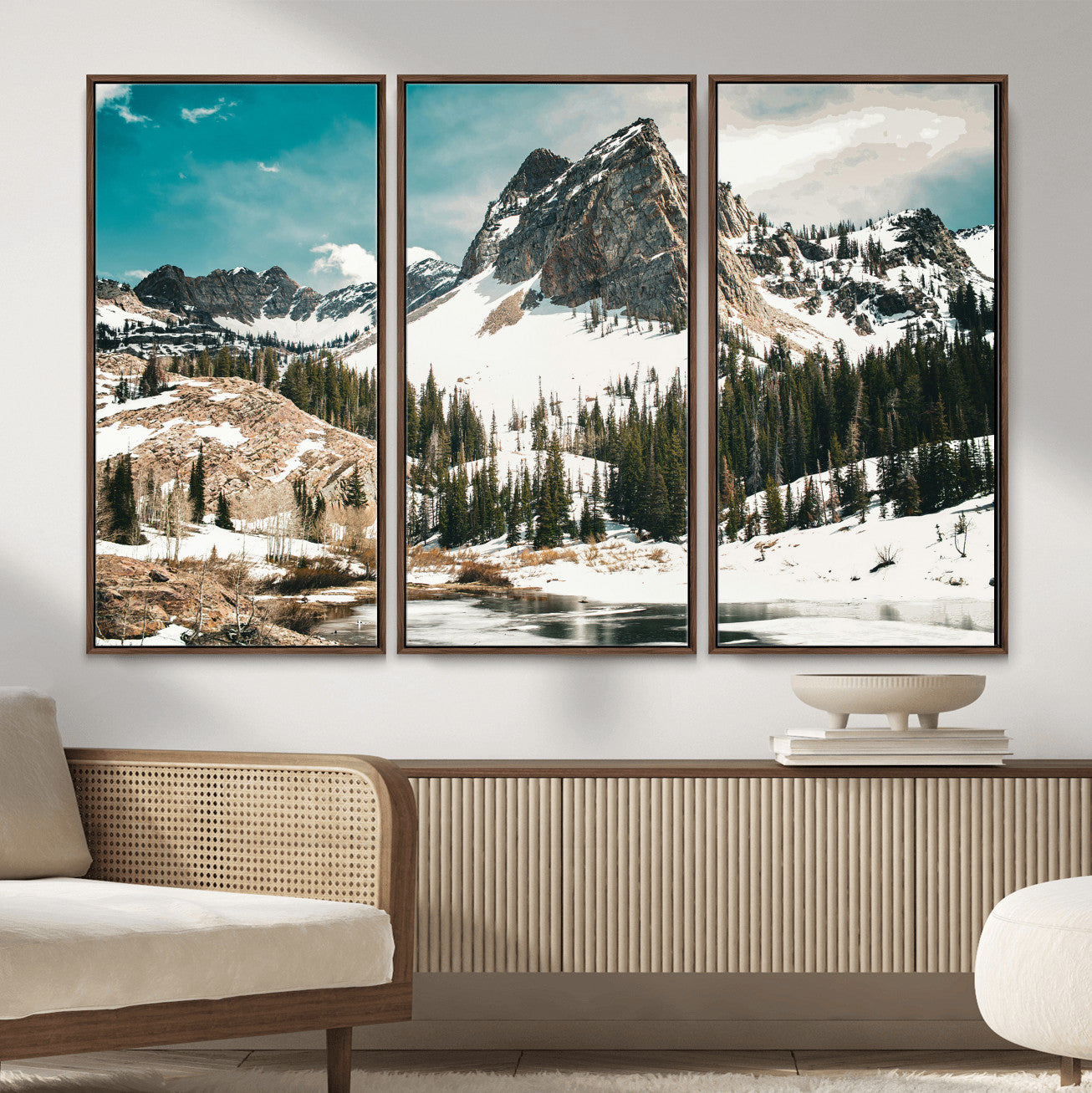 56837070-MGV-CV-36X24 - Snowy Mountain Landscape Wall Art Canvas Print, Alpine Pine Forest Winter Nature Wall Decor for Living Room and Office