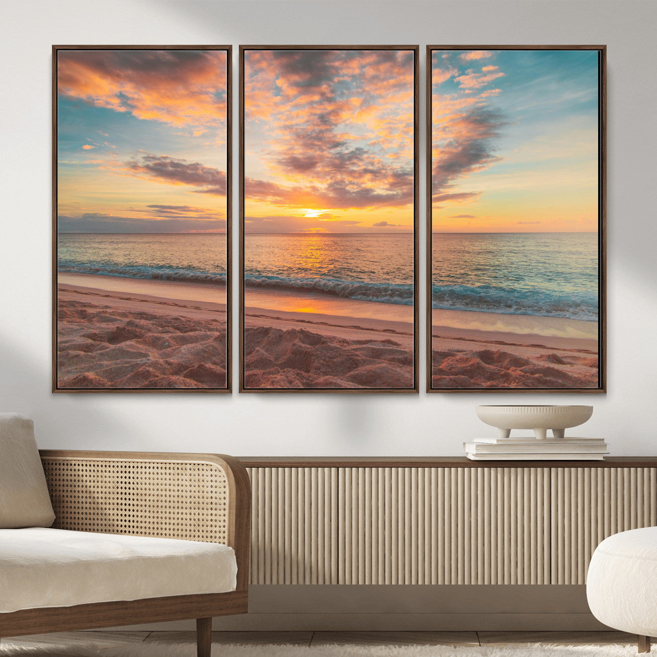 47151409-MGV-CV-36X24 - Sunset Beach Walk Wall Art Canvas Print – Soft Coastal Photography Artwork Print for Bedroom, Living Room, and Serene Home Decor