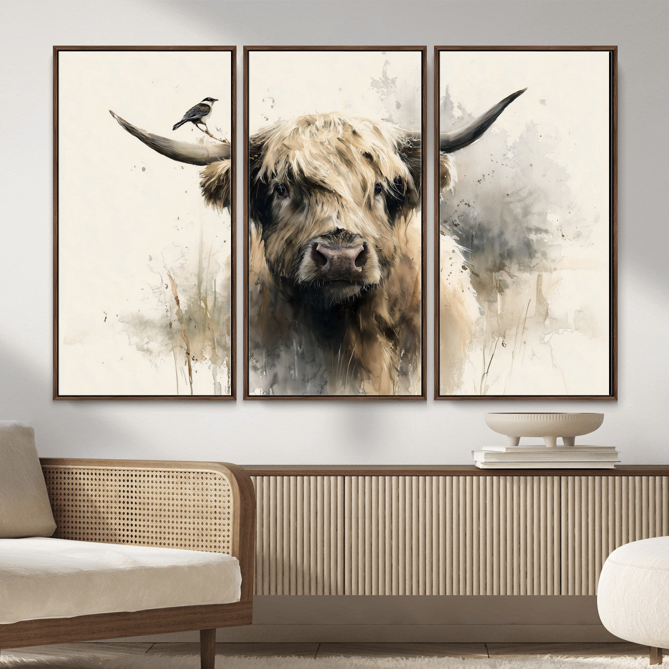 98249290-MGV-CV-36X24 - Abstract Highland Cow Watercolor Animal Wall Art Canvas Print, Rustic Farm Cattle Portrait Canvas Print, Neutral Wildlife Farmhouse Art Printing