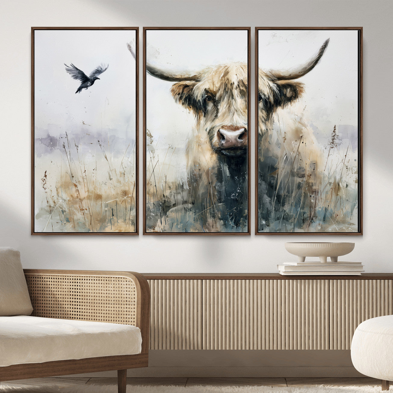 55652651-MGV-CV-36X24 - Abstract Highland Cow Watercolor Animal Wall Art Canvas Print, Rustic Farm Cattle Portrait Canvas Print, Neutral Wildlife Farmhouse Art Printing