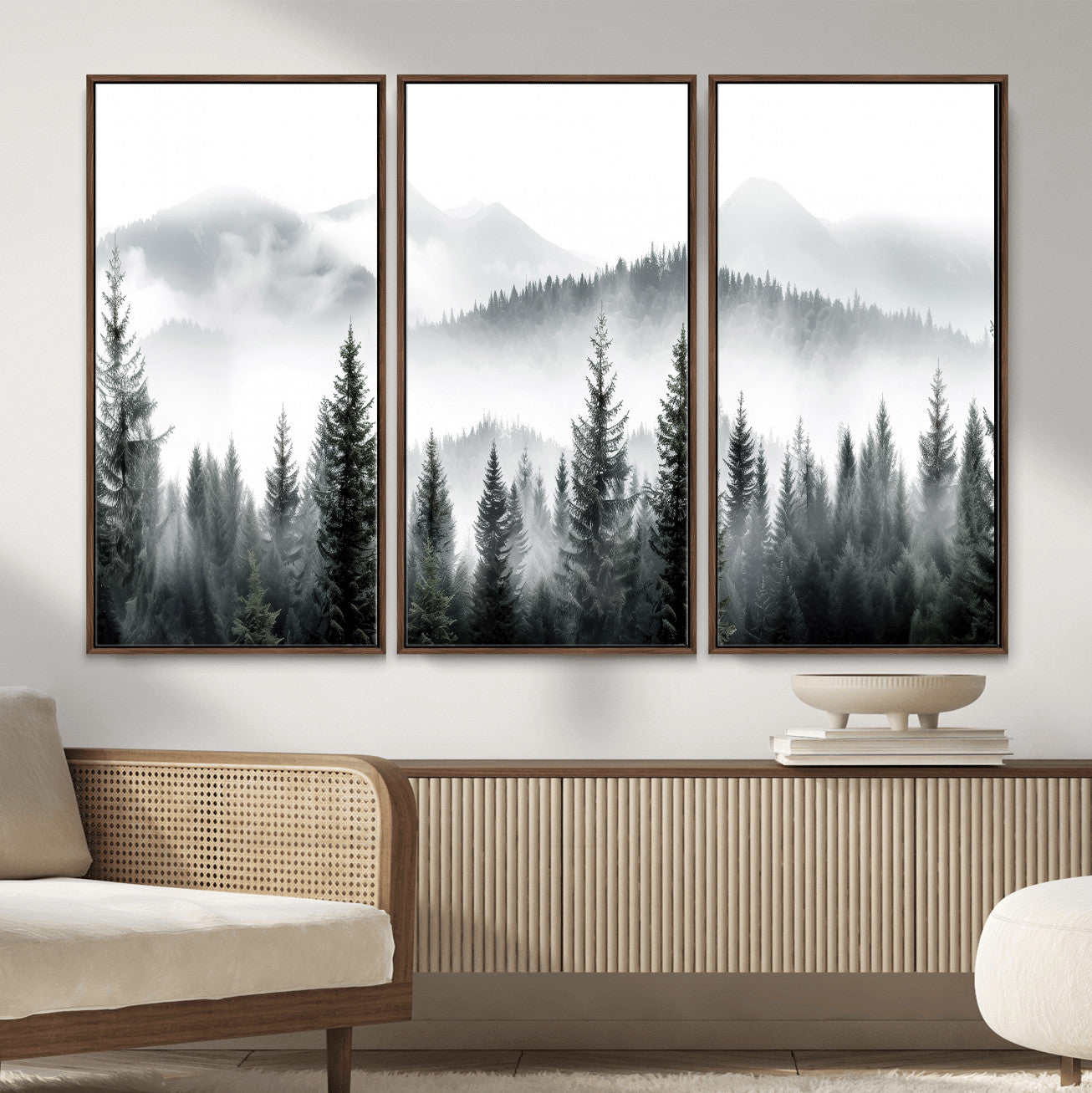 38819032-MGV-CV-36X24 - Misty Pine Forest Mountain Landscape Wall Art Canvas Print, Foggy Evergreen Trees Minimal Nature Canvas Print, Monochrome Wilderness Scenic Art Printing