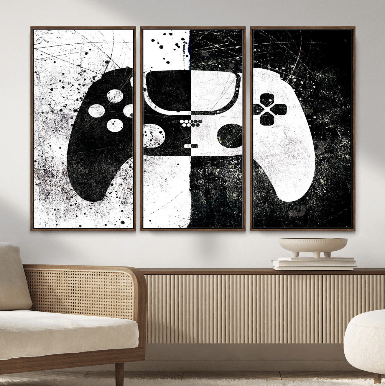 17525128-MGV-CV-36X24 - Abstract Gaming Controller Wall Art Canvas Print, Black White Video Game Controller Modern Canvas Print, Minimal Gamer Graphic Art Printing