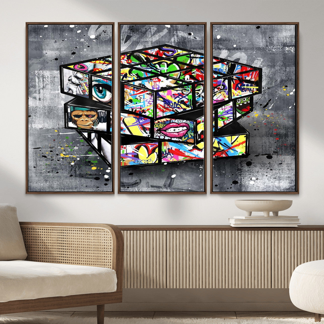 46789556-MGV-CV-36X24 - Graffiti Cube Abstract Street Art Wall Art Canvas Print, Colorful Urban Pop Art Geometric Canvas Print, Modern Street Art Contemporary Art Printing