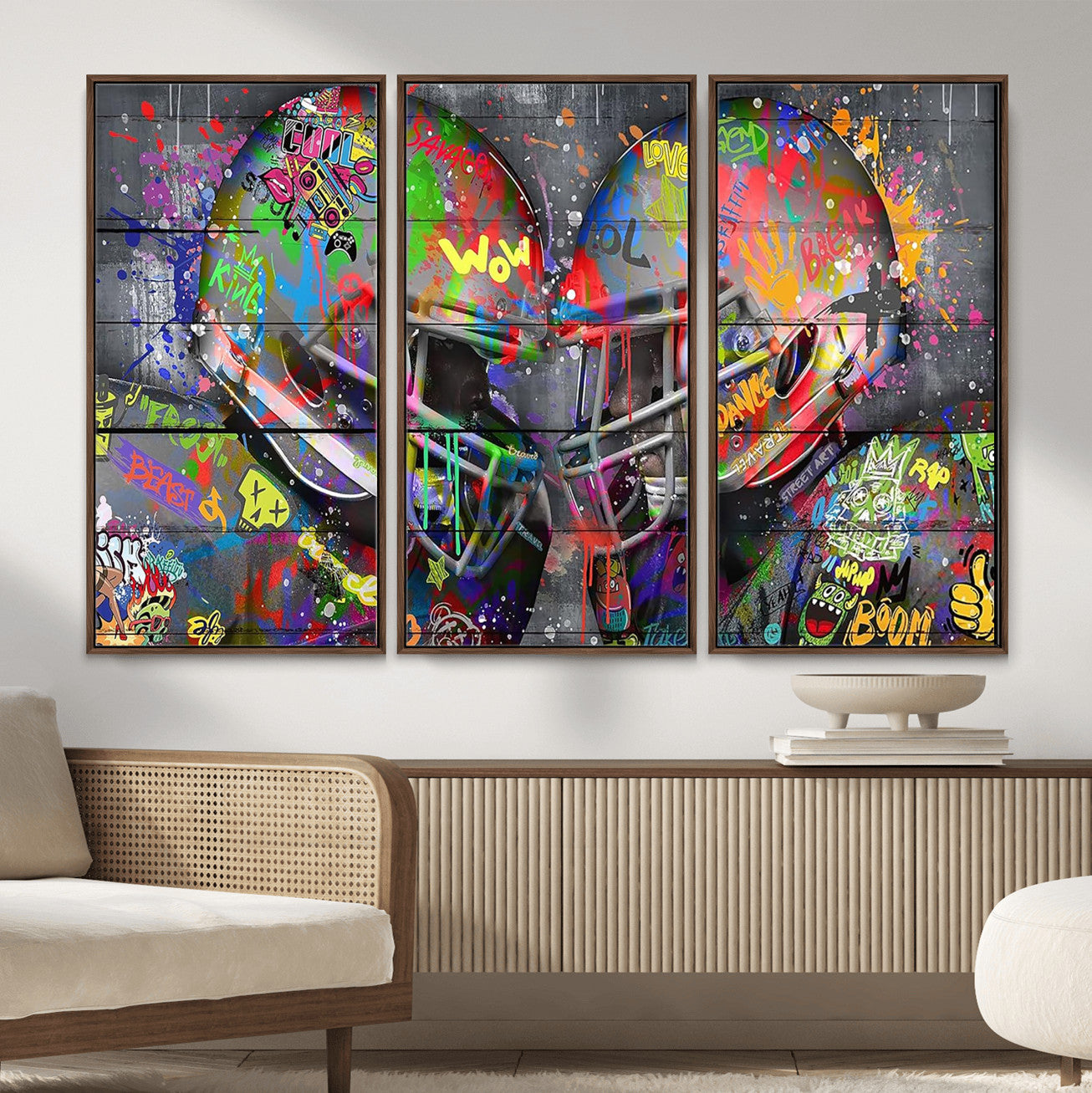 15309853-MGV-CV-36X24 - Graffiti Football Helmets Wall Art Canvas Print, Urban Street Art Sports Decor, Colorful American Football Graffiti Artwork