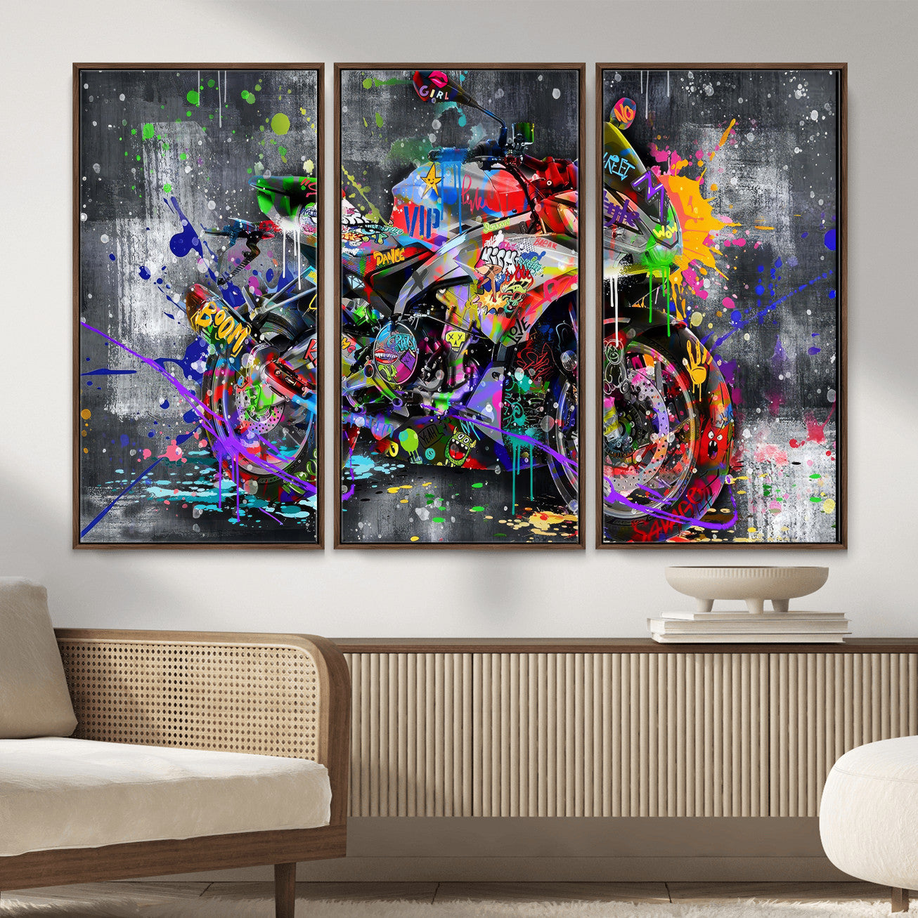 83021767-MGV-CV-36X24 - Graffiti Motorcycle Wall Art Canvas Print, Urban Street Art Motorbike Decor, Colorful Graffiti Sports Bike Artwork