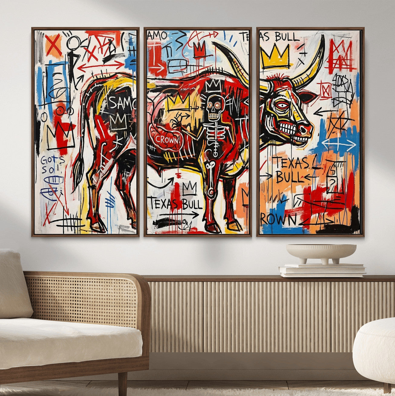 89504579-MGV-CV-36X24 - TITLE: Texas Bull Wall Art Canvas Print, Abstract Graffiti Bull Painting, Western Animal Art, Modern Ranch Decor