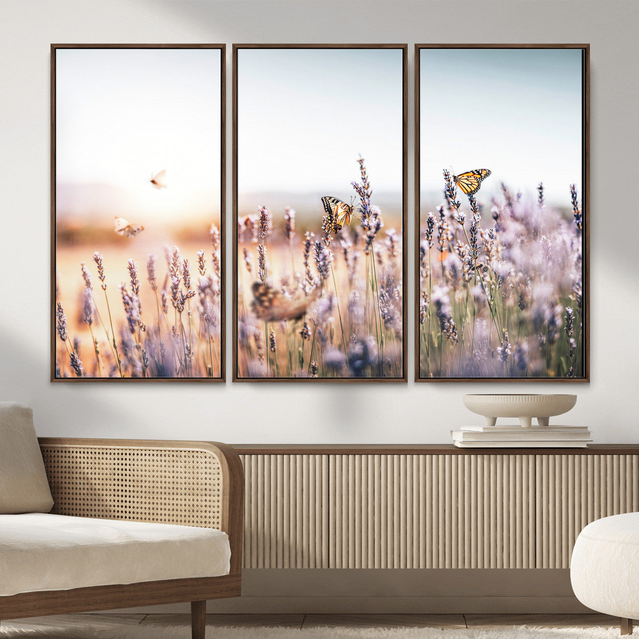 46417478-MGV-CV-36X24 - Lavender Field Wall Art Canvas Print, Butterfly Floral Landscape Art, Soft Nature Wall Decor for Bedroom