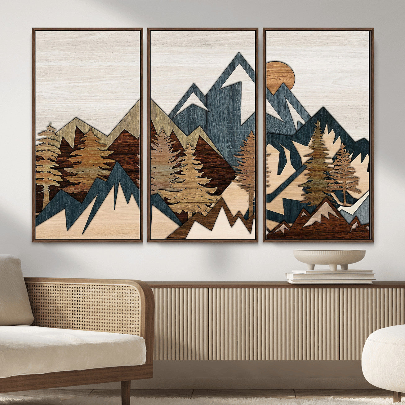 61833055-MGV-CV-36X24 - Mountain Forest Wall Art Canvas Print, Layered Wood Landscape Artwork, Rustic Nature Wall Decor for Living Room
